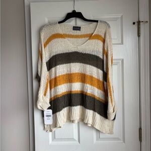 Cozy V-Neck Striped Sweater - Cream, Gold, Gray